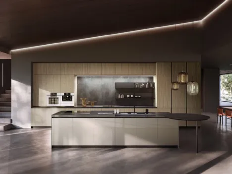 Cucina Design con isola Skyline composizione 18 in vetro e melaminico effetto legno di Armony