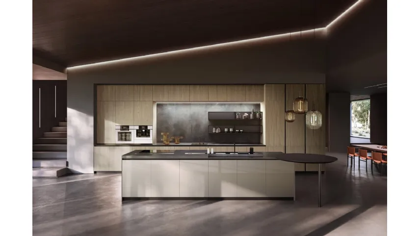 Cucina Design con isola Skyline composizione 18 in vetro e melaminico effetto legno di Armony