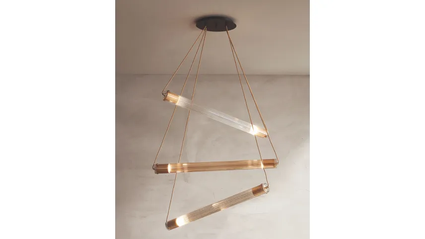 Lampada a sospensione in vetro pyrex cannettato Tube S di Riflessi