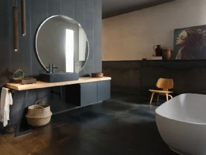 Mobile Bagno da appoggio in laccato opaco nero con piano in legno e lavabo in gres INK PRESTIGE NK21 di Compab