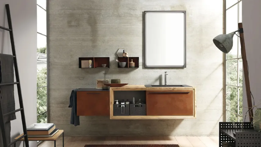 Mobile da Bagno sospeso in laccato metallo Corten e Abete Wood 04 di Archeda