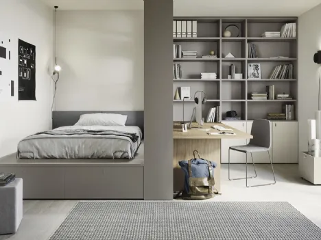 Cameretta componibile con letto su cassettone, scrivania e ampia libreria Next space 02 di Nidi