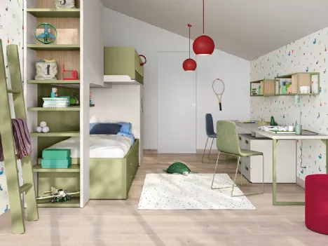 Cameretta in laccato opaco color luna e pistacchio con letti a castello Kids space 17 di Nidi