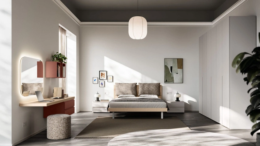 Letto Cremi Night 01 in finitura effetto legno con cuscini imbottiti di Orme