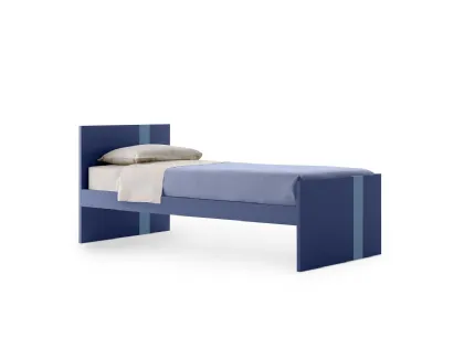 Letto singolo Lila in melaminico Blu con striscia Azzurra sulla testiera e sulla pediera di Nidi