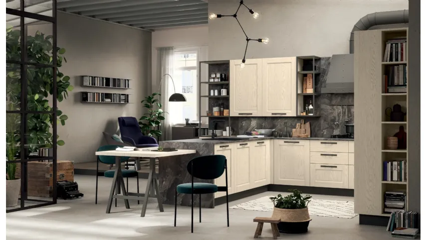 Cucina Classica con penisola Epoca Industrial 09 in Frassino Panna Fiorentino e laminato effetto Marmo di Astra