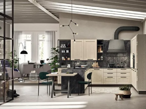 Cucina Classica angolare Epoca 04 in Frassino Panna Fiorentino e laminato effetto Marmo di Astra