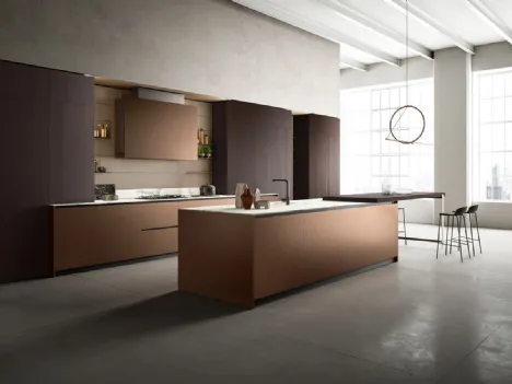 Cucina Design con isola Omicron 15 01 in laccato metallico rame e rovere thermo di Armony