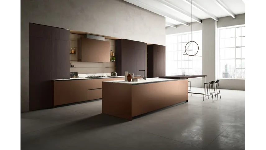 Cucina Design con isola Omicron composizione 15 in laccato metallico rame e rovere thermo di Armony