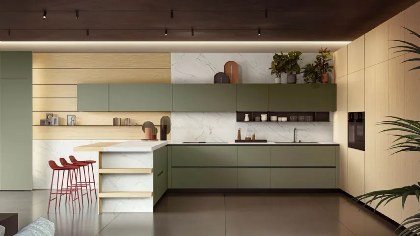 Cucina Design con penisola Omicron composizione 02 in laccato verde foresta e melaminico rovere Oslo di Armony