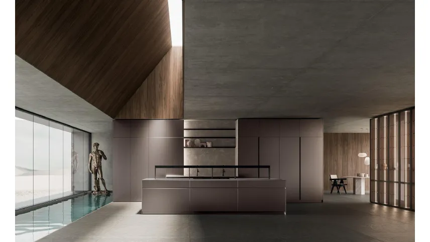 Cucina Design con isola HC08 01 Minimal in laccato rigato metal di Astra