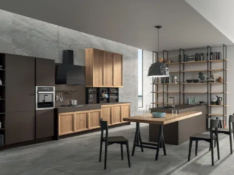 Cucina Design con isola Atelier 01 in legno di Rovere nodato e laccato opaco Cacao di Astra