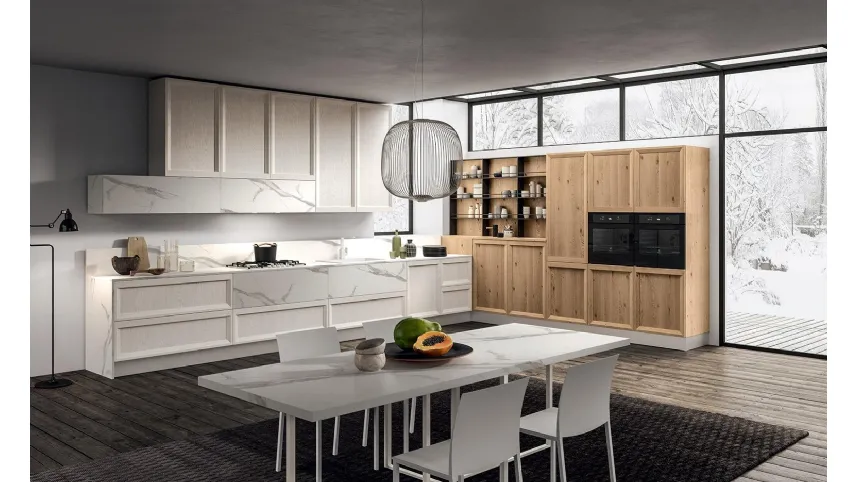 Cucina Design angolare Atelier 03 in Frassino laccato Perla e Rovere Nodato Naturale di Astra