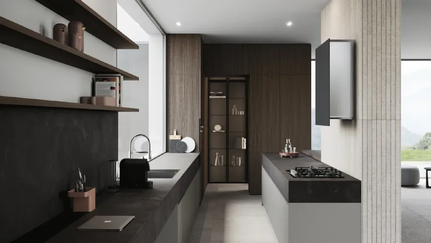 Cucina Design con penisola in melaminico con top in laminato HPL finitura stone black Sistemi 2|1|E#20 di Copat Life