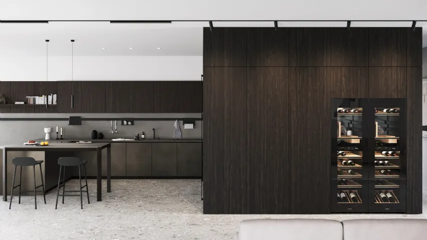 Cucina Design con penisola in laccato effetto metallico e rovere moro Sistemi 3|1|B22 di Copat Life