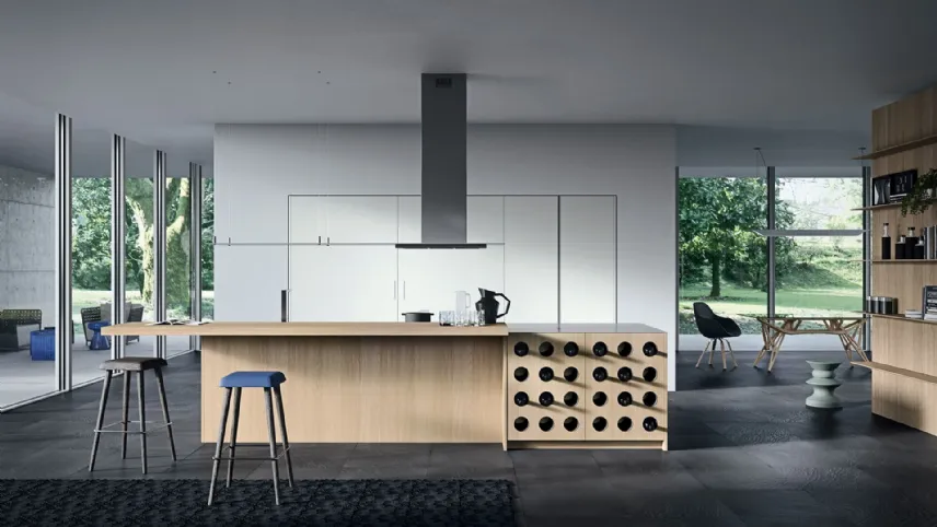 Cucina Design con isola in Rovere nordico con top in acciaio inox Sistemi 3|1|C di Copat Life