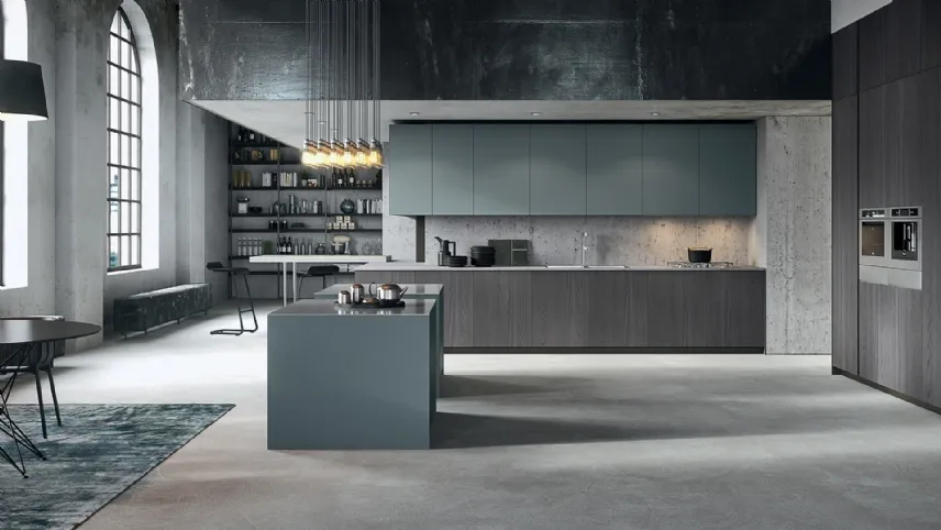 Cucina Design con penisola finitura Olmo e laccato opaco con top in acciaio Sistemi 3|1|O di Copat Life