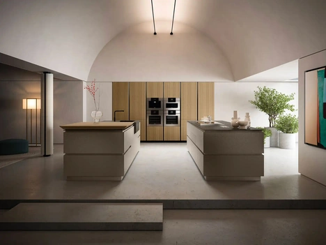Cucina Design con doppia isola Diamond + Riga Portrait 26 in Rovere e laminato di Armony