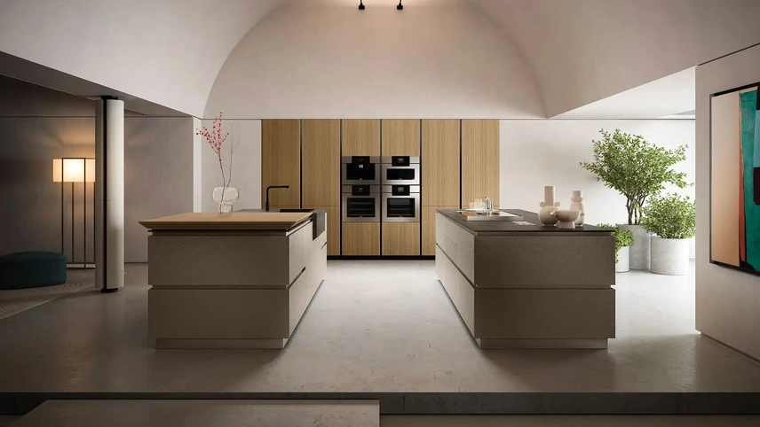 Cucina Design con doppia isola Diamond + Riga Portrait 26 in Rovere e laminato di Armony