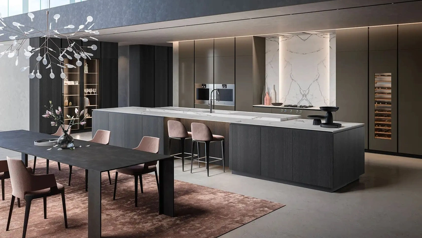 Cucina Design con isola Diamond + Yota Portrait 24 in laccato lucido e Rovere di Armony