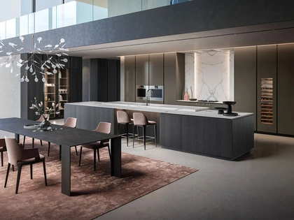 Cucina Design con isola Diamond + Yota Portrait 24 in laccato lucido e Rovere di Armony