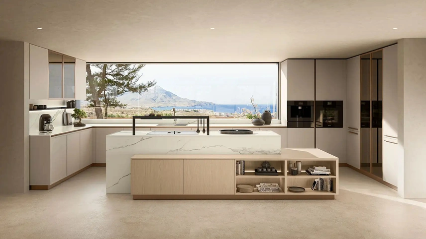 Cucina Design con isola Equa + Kappa Portrait 19 in laccato e laminato Rovere di Armony