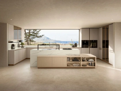 Cucina Design con isola Equa + Kappa Portrait 19 in laccato e laminato Rovere di Armony