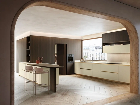 Cucina Design con penisola Equa + Rho Portrait 19 in laccato e laminato di Armony