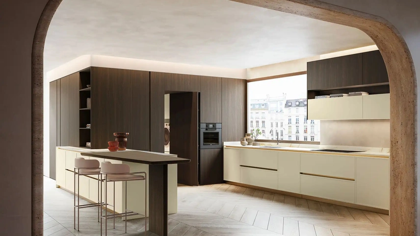 Cucina Design con penisola Equa + Rho Portrait 19 in laccato e laminato di Armony