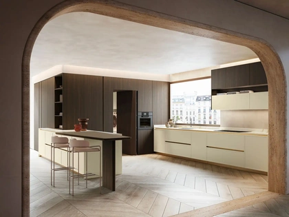 Cucina Design con penisola Equa + Rho Portrait 19 in laccato e laminato di Armony