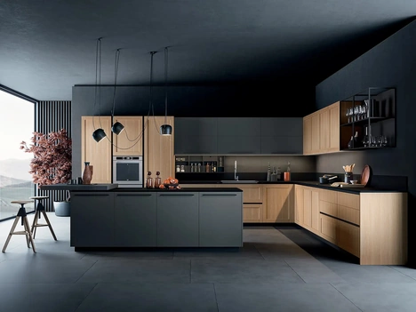 Cucina Design con isola Etro Portrait 29 in PVC Rovere e laccato Lavagna di Armony