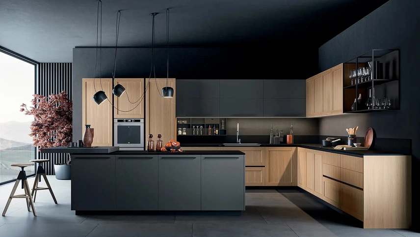 Cucina Design con isola Etro Portrait 29 in PVC Rovere e laccato Lavagna di Armony