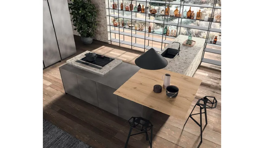 Cucina Design angolare in laccato opaco piombo e laminato con penisola in legno di Rovere nodato HC08 02 di Astra