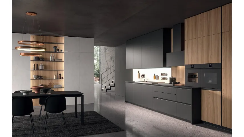 Cucina Design lineare HC08 03 in laminato Fenix Nero e impiallacciato Olmo naturale di Astra