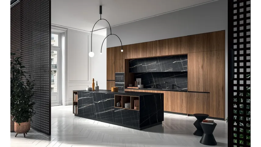 Cucina Design con isola HC08 04 in legno impiallacciato Noce Canaletto e laminato effetto Marmo di Astra