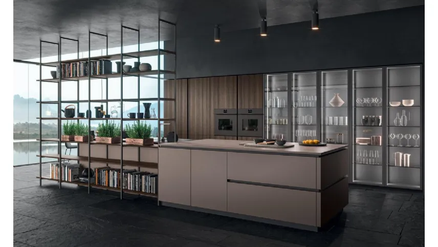 Cucina in laccato opaco, legno e colonne in vetro Design HC08 di Astra