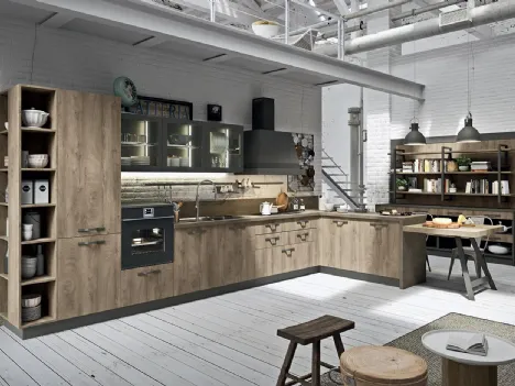 Cucina Design angolare con penisola Industrial Kitchen 01 in laminato finitura effetto legno Wild Dakota di Astra