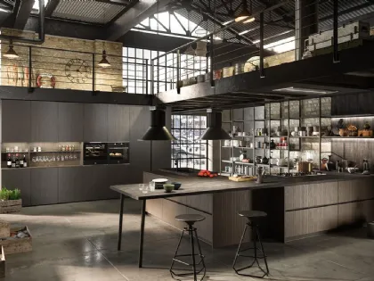 Cucina Design angolare con penisola Industrial Kitchen 03 in laminato finitura effetto legno Wild Brown di Astra