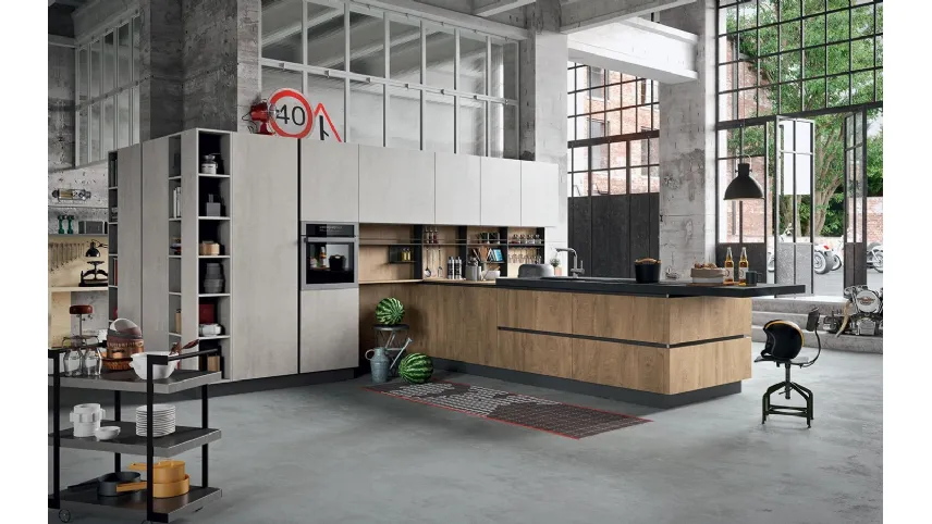 Cucina Design Industrial Kitchen 06 in laminato effetto legno Wild Louisiana e finitura effetto Cemento di Astra