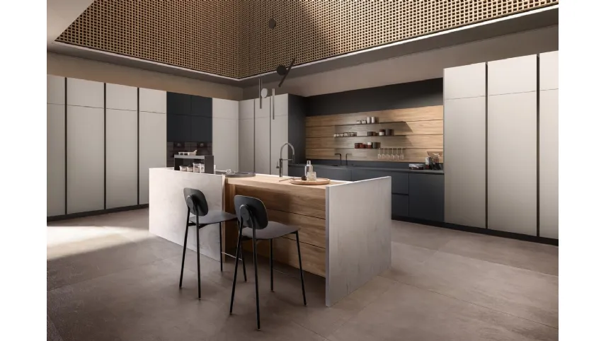 Cucina Design con isola Kappa composizione 06 in laccato e laminato noce di Armony