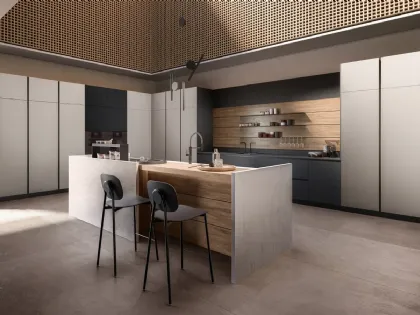 Cucina Design con isola Kappa composizione 06 in laccato e laminato noce di Armony