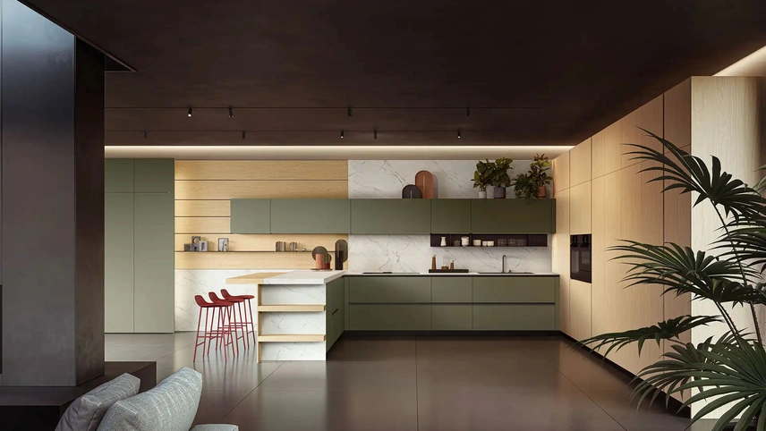 Cucina Design con penisola Omicron Portrait 25 in laccato e laminato Rovere di Armony