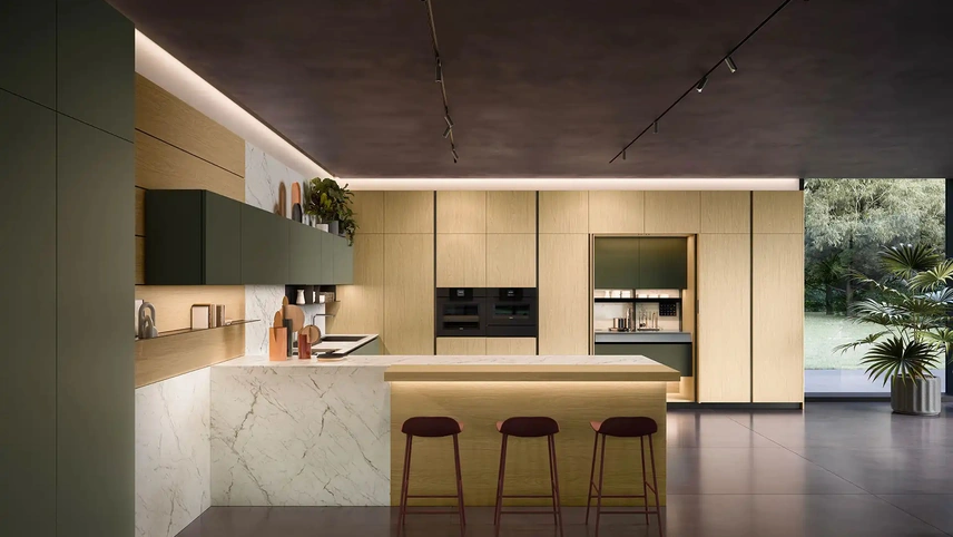 Cucina Design con penisola Omicron Portrait 25 in laccato e laminato Rovere di Armony