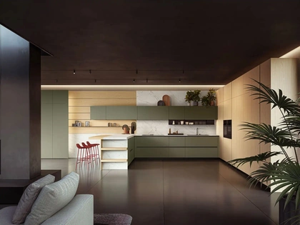 Cucina Design con penisola Omicron Portrait 25 in laccato e laminato Rovere di Armony