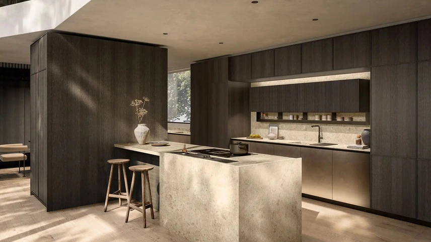 Cucina Design con penisola Omicron + Quadro + Riga in laccato e Rovere Portrait 23 di Armony
