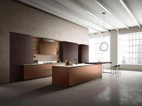 Cucina Design con isola Omicron + Yota Portrait 31 in laccato Rame e Rovere di Armony