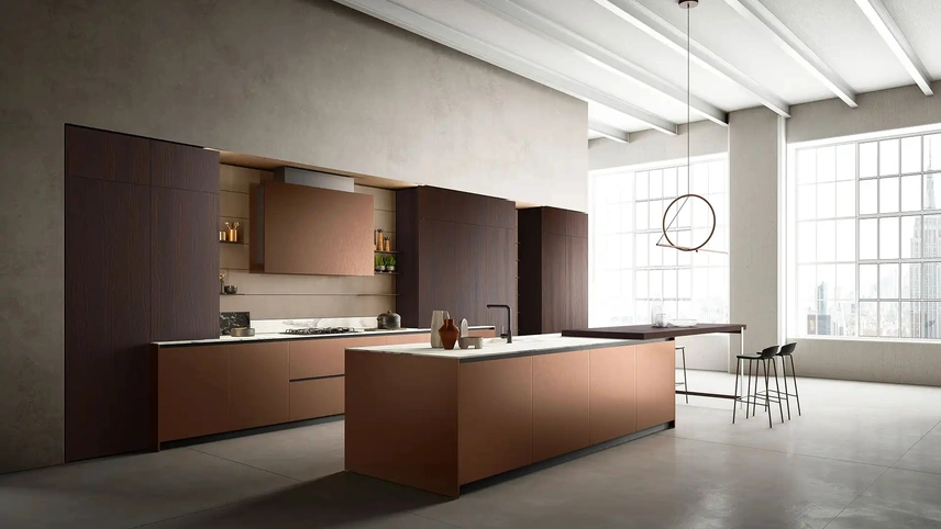 Cucina Design con isola Omicron + Yota Portrait 31 in laccato Rame e Rovere di Armony