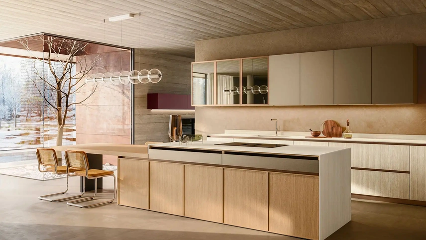 Cucina Design con isola Quadro + Skyline + Yota Portrait 22 in Gres e Rovere di Armony