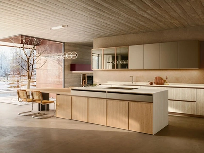 Cucina Design con isola Quadro + Skyline + Yota Portrait 22 in Gres e Rovere di Armony