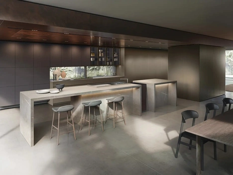 Cucina Design con isola Rho Portrait 34 in laminato e laccato lucido di Armony